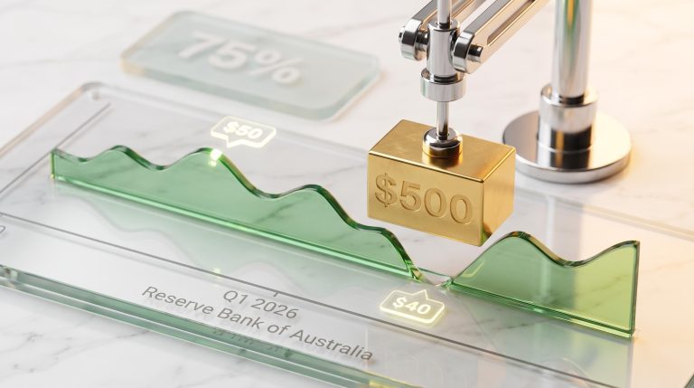 Acrylic financial chart showing a $500 dollar-cost averaging allocation successfully smoothing a market dip to $40 in Q1 2026.