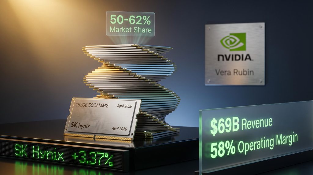 SK Hynix 192GB SOCAMM2 memory modules with stock gain and revenue figures for NVIDIA Vera Rubin AI platform