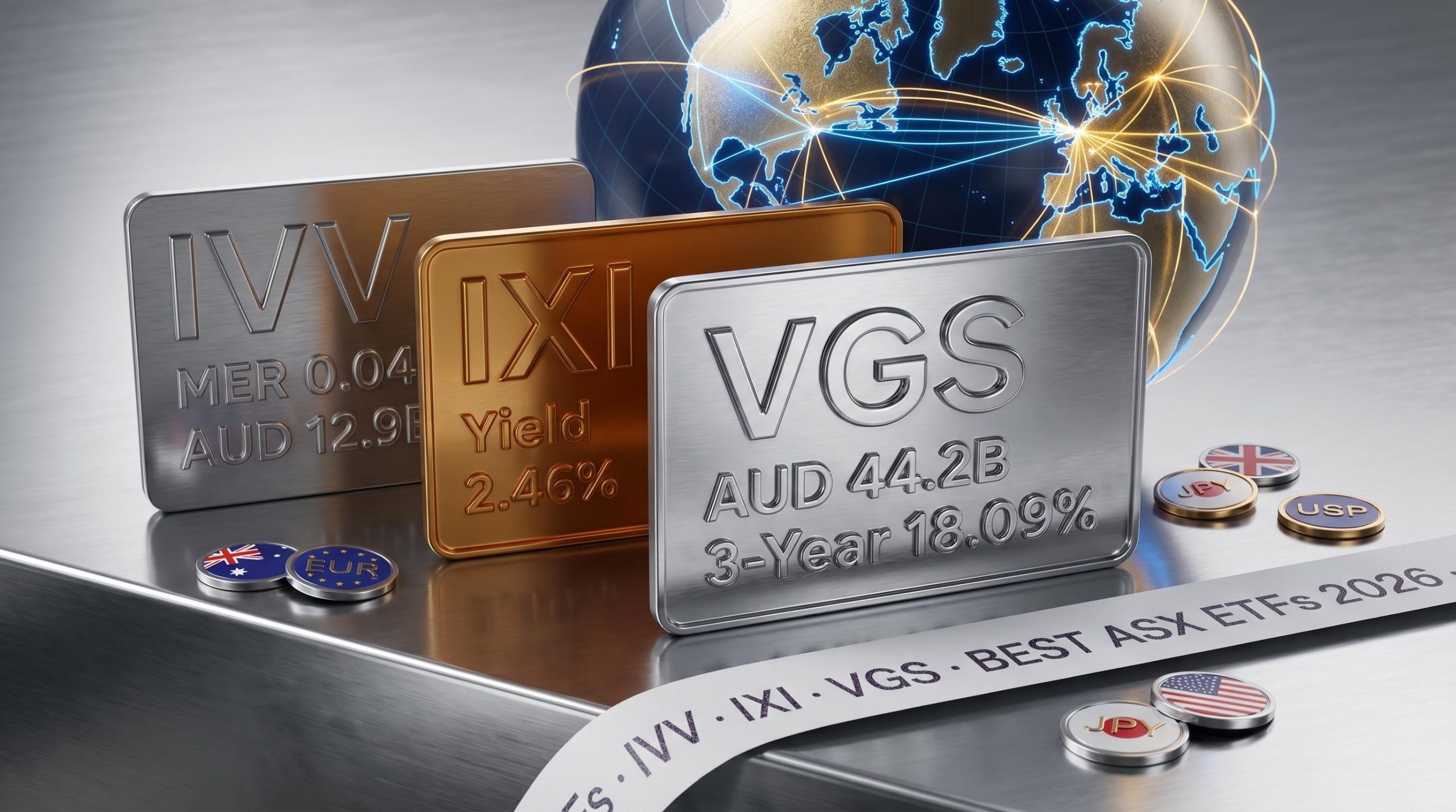 Three engraved ETF plaques for IVV, IXI and VGS with AUM and return figures — best ASX ETFs 2026