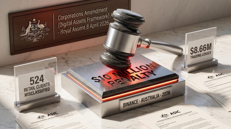 Federal Court gavel with "$10 MILLION PENALTY" engraved beside Binance Australia 2026 crypto regulation ruling