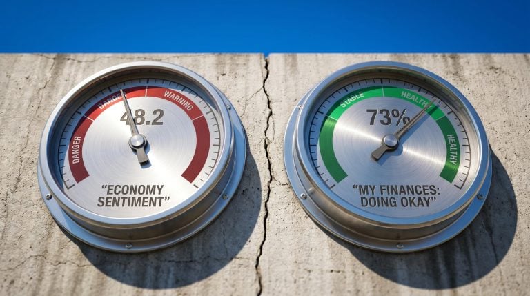 Two giant steel gauges show consumer sentiment at 48.2 versus 73% personal finance satisfaction — May 2026 gap