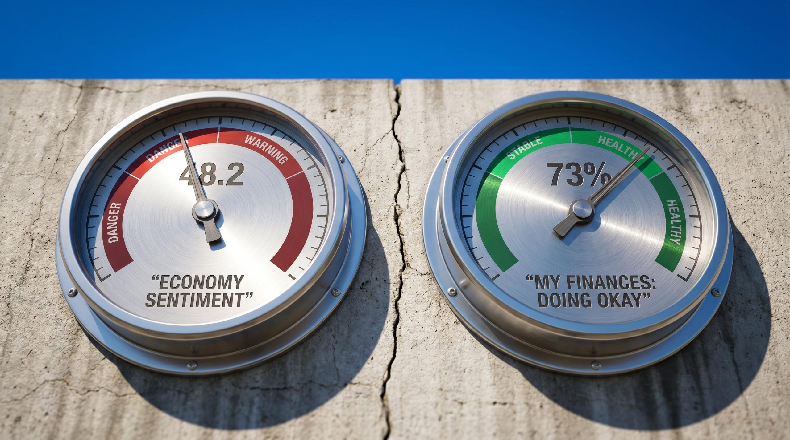 Two giant steel gauges show consumer sentiment at 48.2 versus 73% personal finance satisfaction — May 2026 gap
