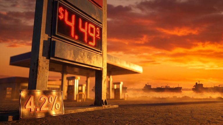 US gas station sign showing $4.49 per gallon with oil tankers on horizon as inflation hits 4.2%