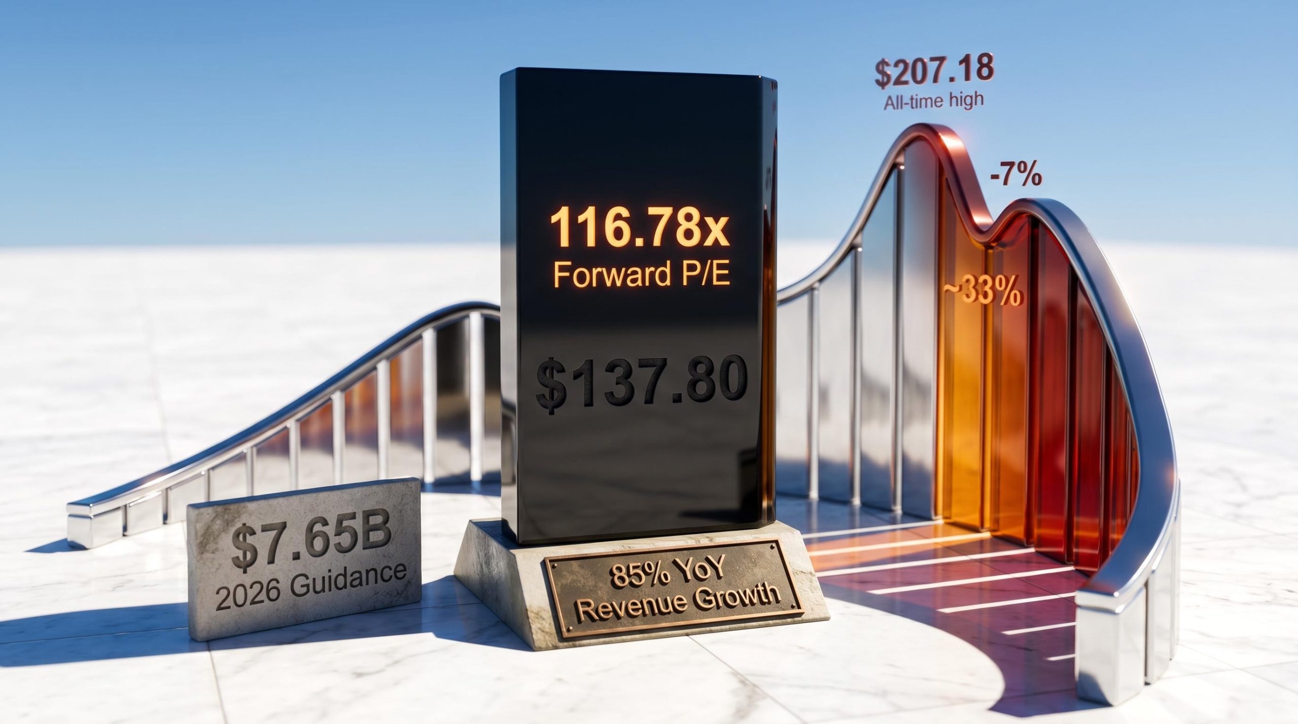 Palantir stock valuation monolith engraved with 116.78x forward P/E and $137.80 amid a declining chrome chart
