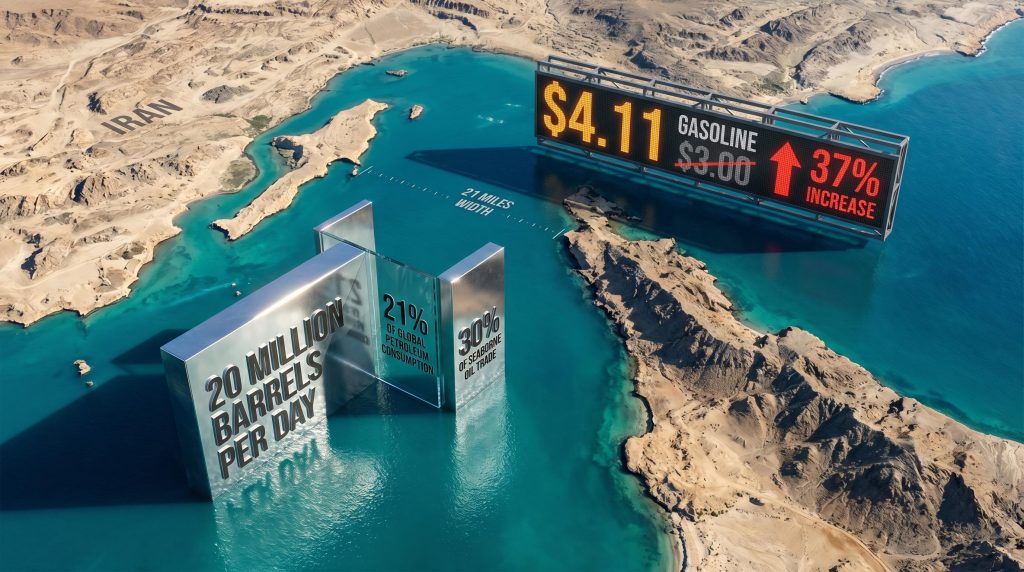 Strait of Hormuz 21-mile chokepoint with empty shipping lanes and 20 million barrel daily flow data display