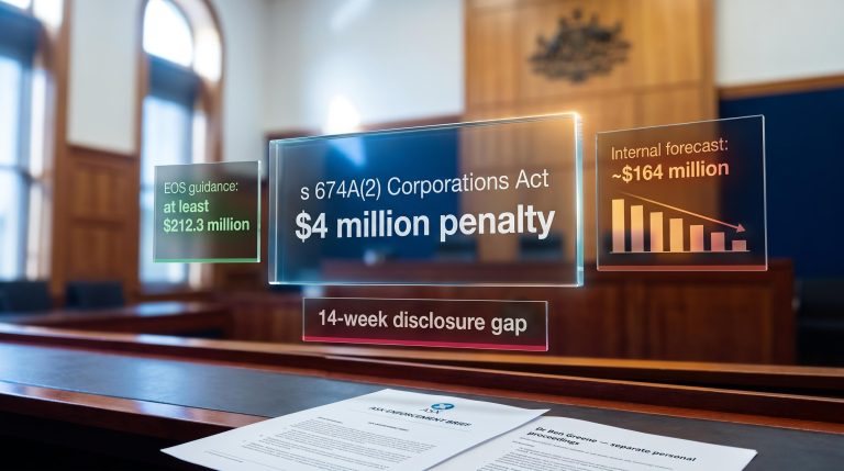 Federal Court enforcement scene showing EOS $4 million penalty and 14-week disclosure gap — director liability Australia