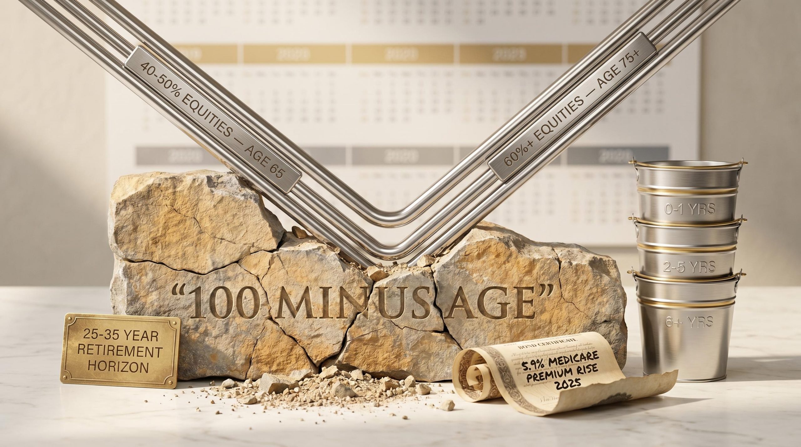 Cracked stone '100 minus age' formula beside a chrome V-shaped glide path showing 60% equities at age 75