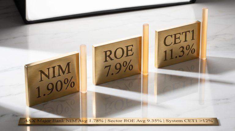 Brass plaques showing BEN's NIM 1.90%, ROE 7.9%, and CET1 11.3% — a bank stock analysis diagnostic framework
