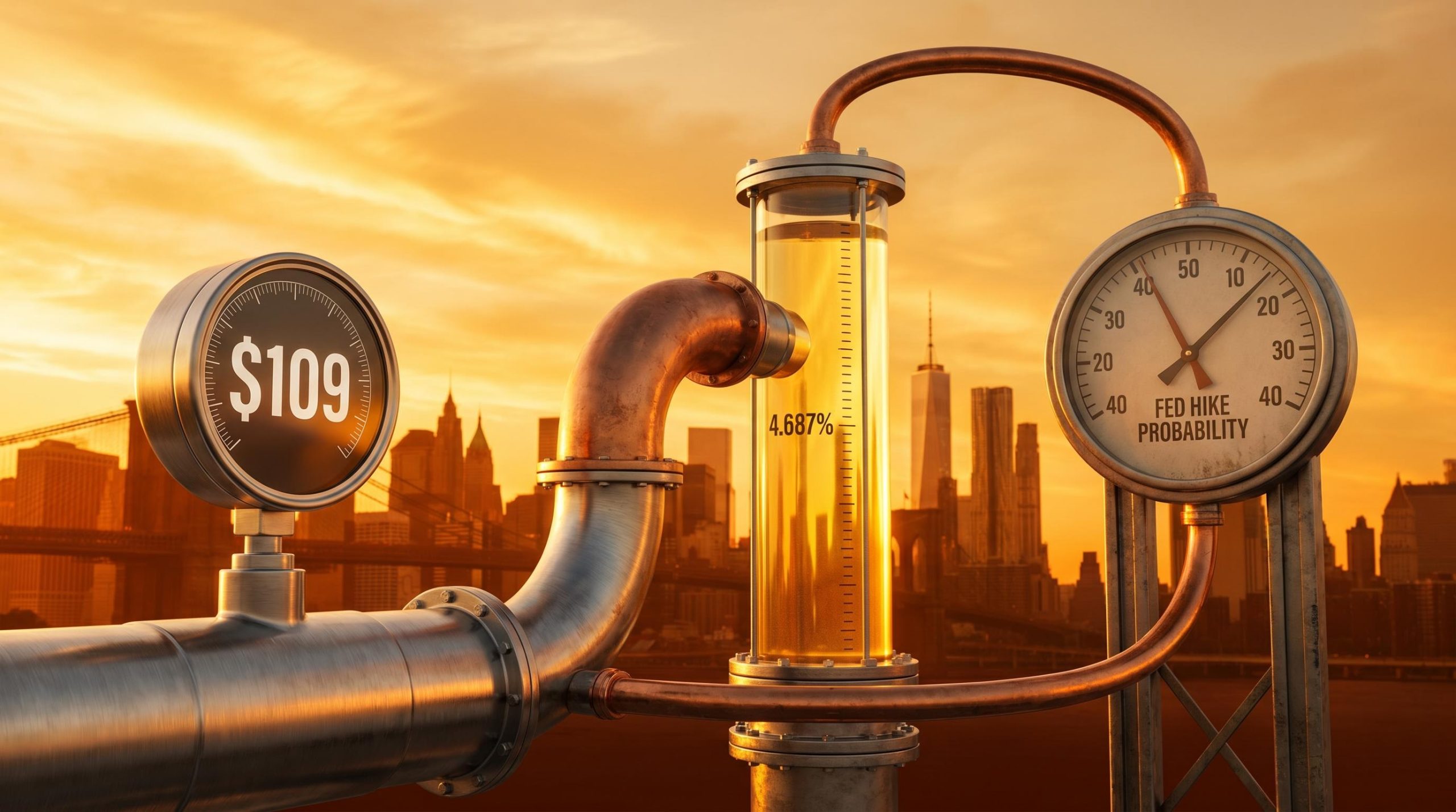Oil gauge at $109, Treasury yield column at 4.687%, and Fed hike probability dial form a feedback loop shaping the stock market outlook