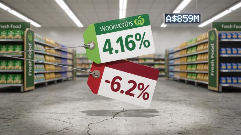 Woolworths price tags showing 4.16% yield and -6.2% profit CAGR in tension above a supermarket aisle