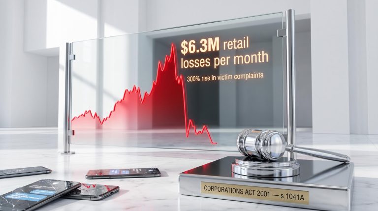 Pump-and-dump price spike chart on glass panel with "$6.3M retail losses per month" and shattered phones showing Telegram messages