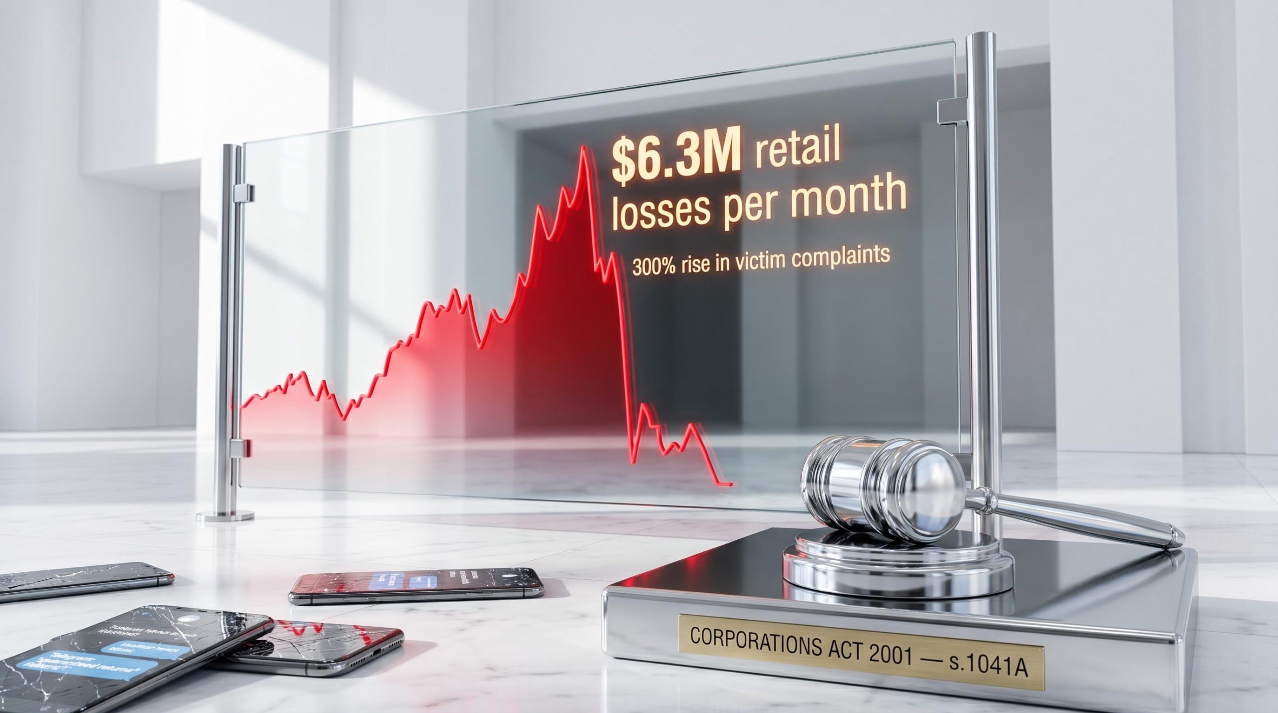 Pump-and-dump price spike chart on glass panel with "$6.3M retail losses per month" and shattered phones showing Telegram messages