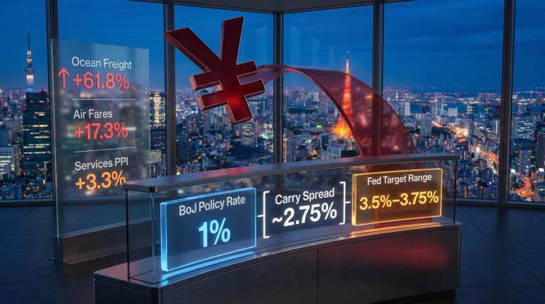 BoJ 1% vs Fed 3.75% rate differential displayed on Tokyo trading terminal as yen carry trade persists in 2026