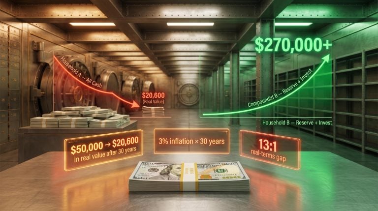 Idle cash stack eroding in real value — $50,000 shrinks to $20,600 over 30 years versus $270,000 invested
