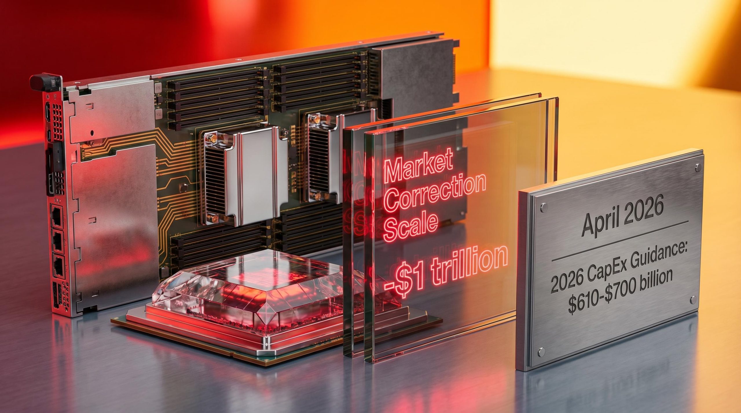 Big Tech earnings data etched on glass server hardware showing $1 trillion correction and $610-$700 billion CapEx guidance.