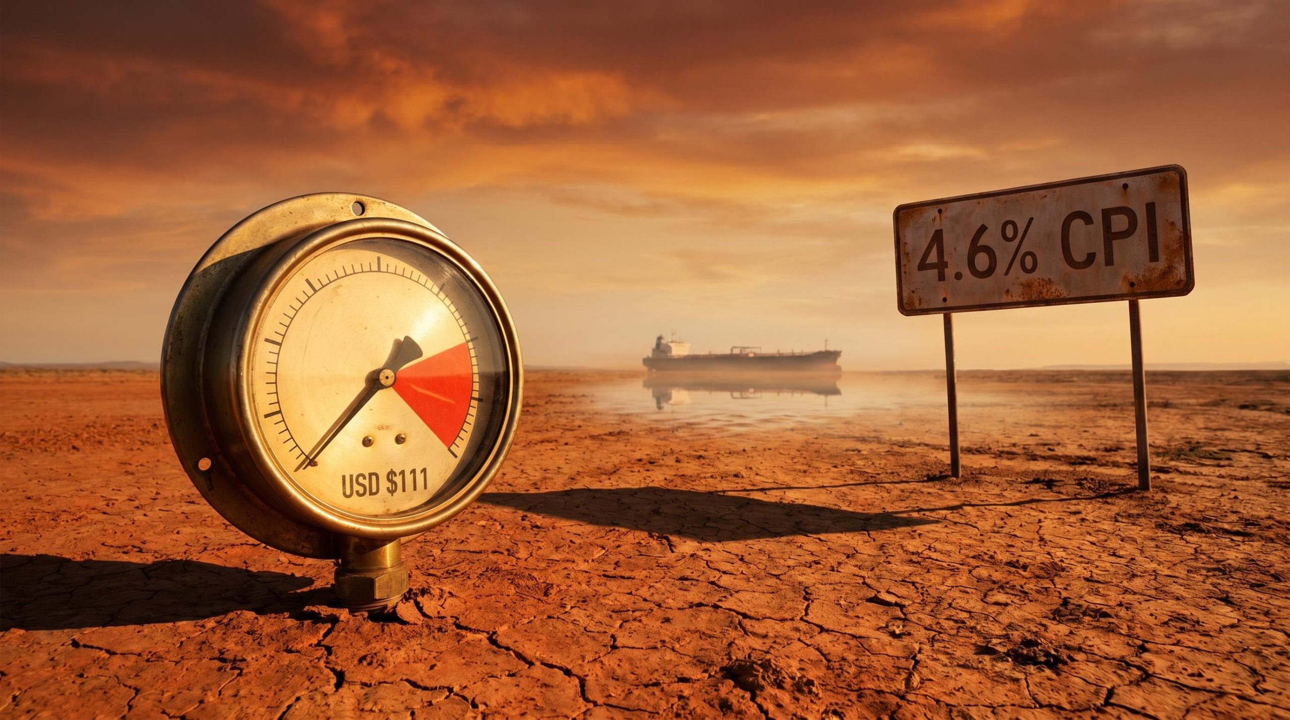 Pressure gauge showing USD $111 oil price on cracked Australian outback earth, with 4.6% CPI signpost and tanker silhouette