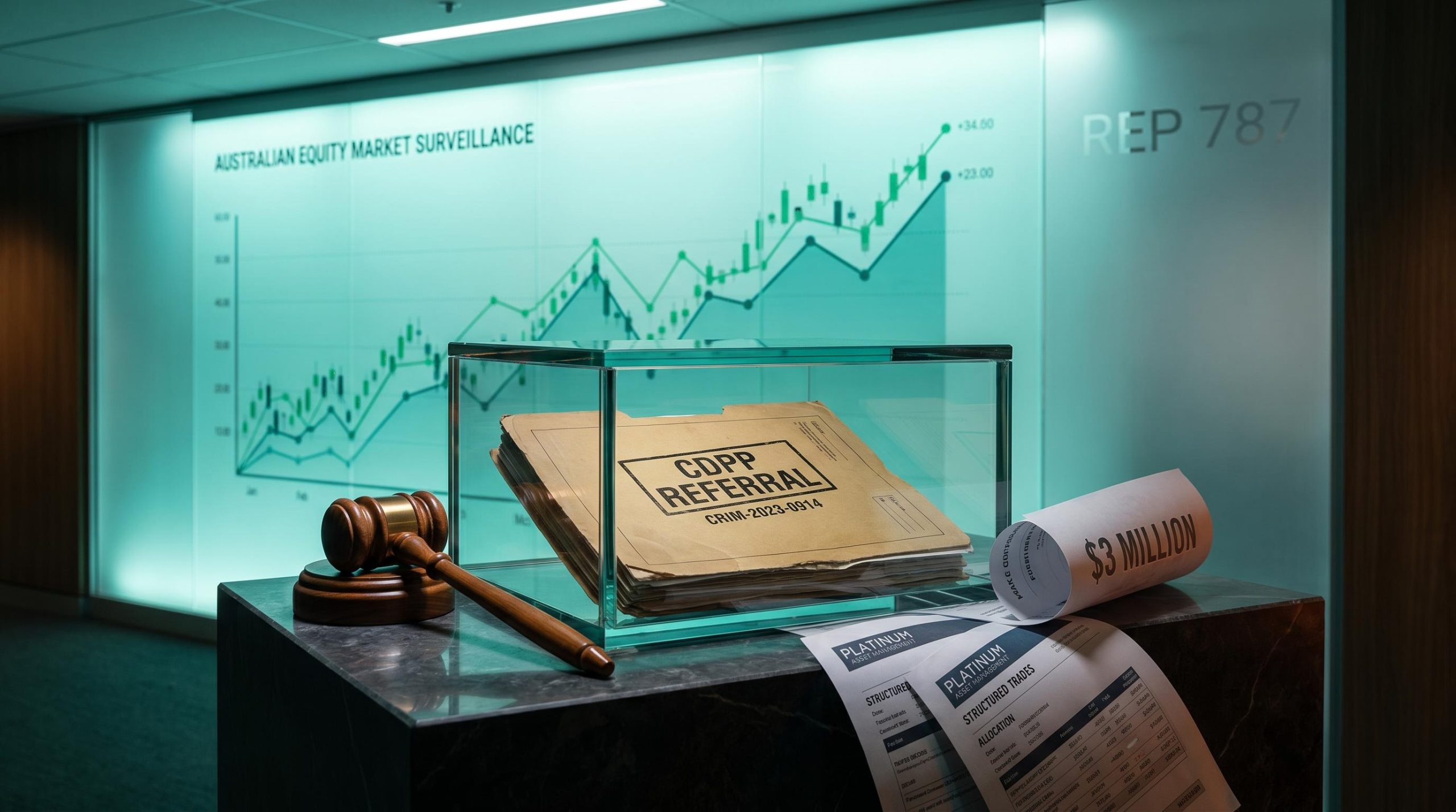 CDPP criminal brief and gavel beside ASIC REP 787 surveillance chart in ASIC insider trading enforcement analysis