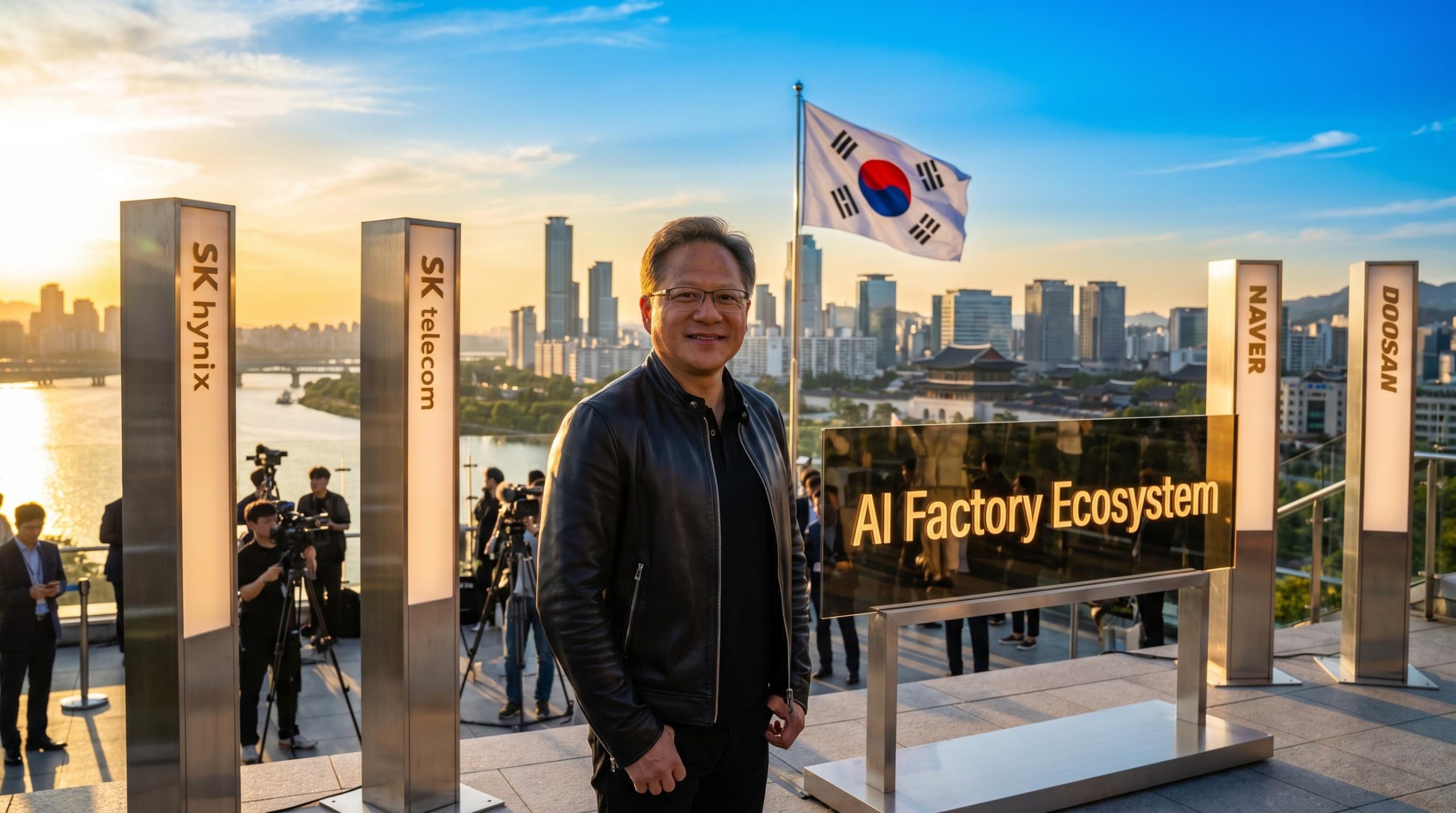 Jensen Huang on Seoul rooftop announcing Nvidia South Korea AI ecosystem partnerships with SK Hynix, SK Telecom, Naver, Doosan