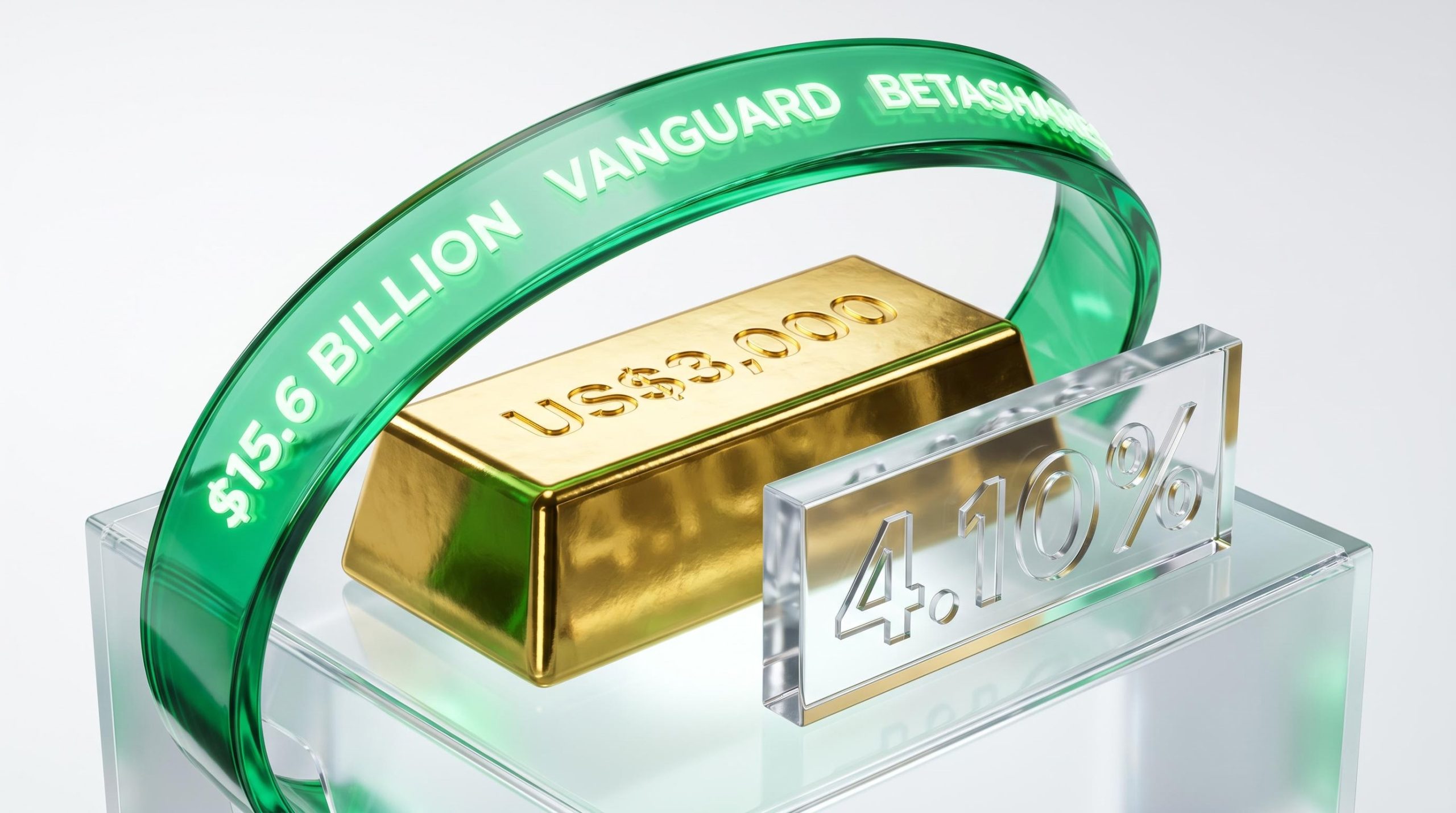 Gold bullion marked US$3,000 bypassed by green ETF data ribbons showing $15.6 billion, highlighting retail investor trends.