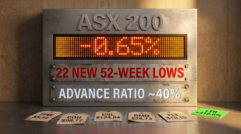 ASX 200 scoreboard showing 22 new 52-week lows and -0.65% weekly return amid breadth deterioration