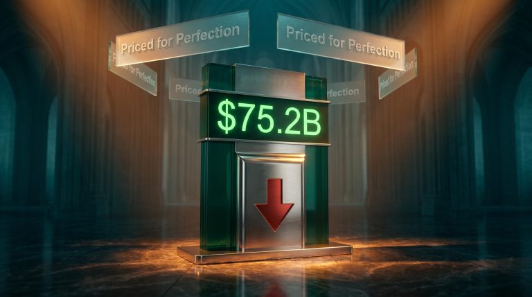 Nvidia $75.2B data-centre revenue board with red decline arrow — AI stock valuation priced for perfection