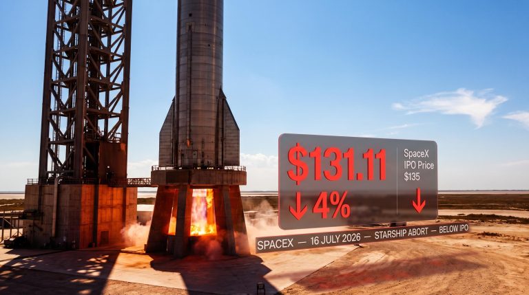 SpaceX Starship abort on launch pad as stock falls to $131.11, breaking below $135 IPO price on 16 July 2026