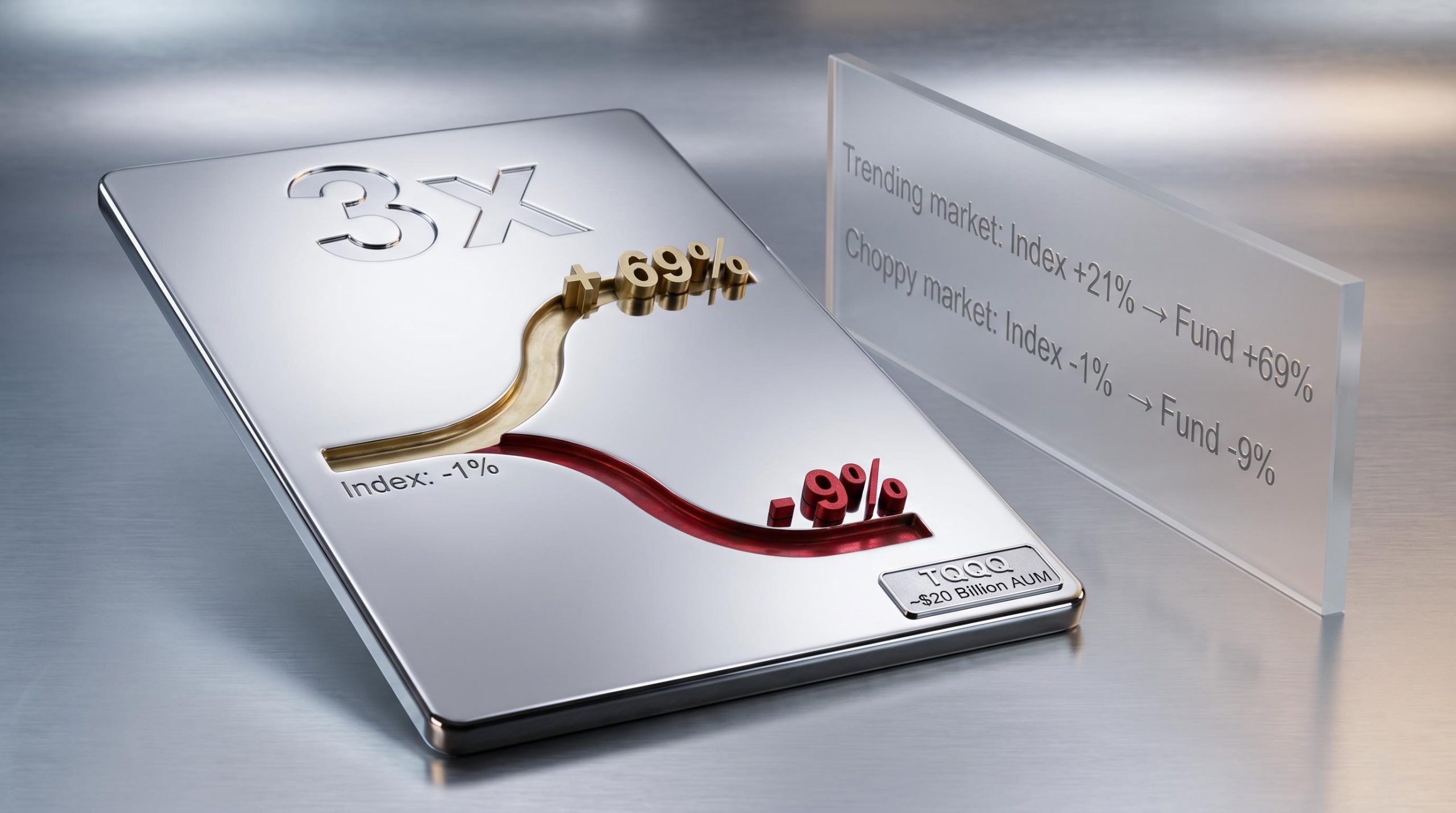 Chrome '3x' plaque showing diverging 69% and -9% outcomes illustrating leveraged ETF volatility drag