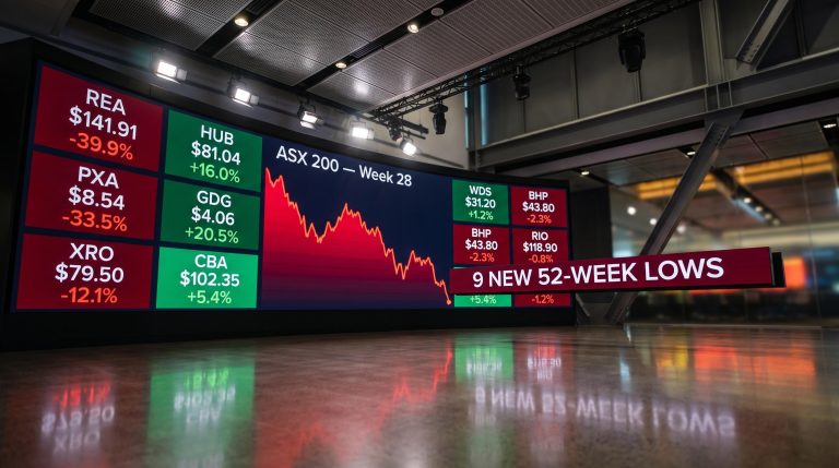 ASX 200 data wall showing nine 52-week lows with HUB 16.0% and REA -39.9% in Week 28 contrast