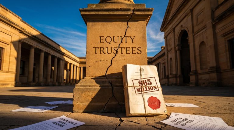 Cracked stone pillar engraved with Equity Trustees beside a sealed $65 million legal document in an austere courthouse forecourt