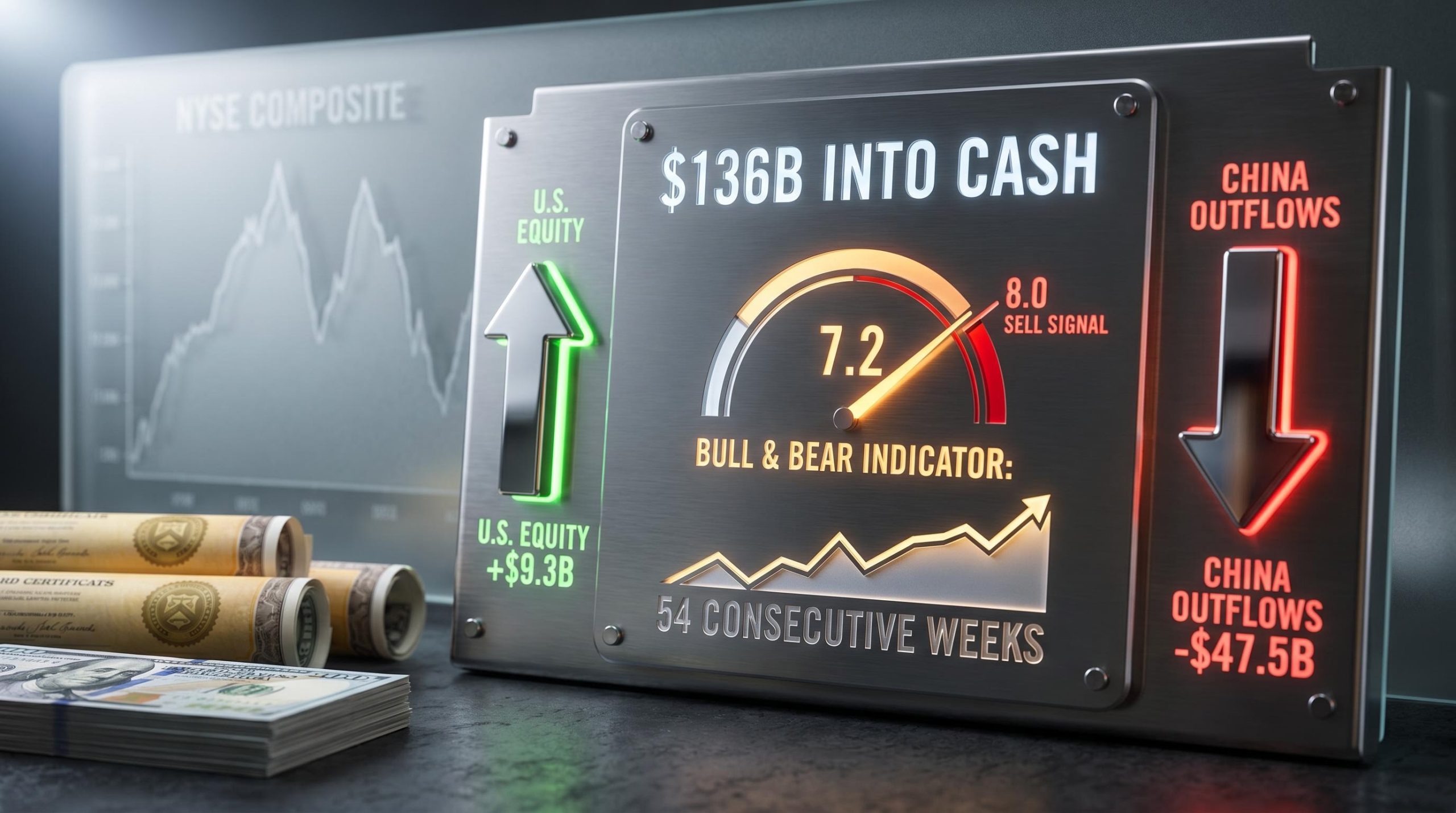 BofA fund flow analysis dashboard showing $136B cash inflows and Bull
