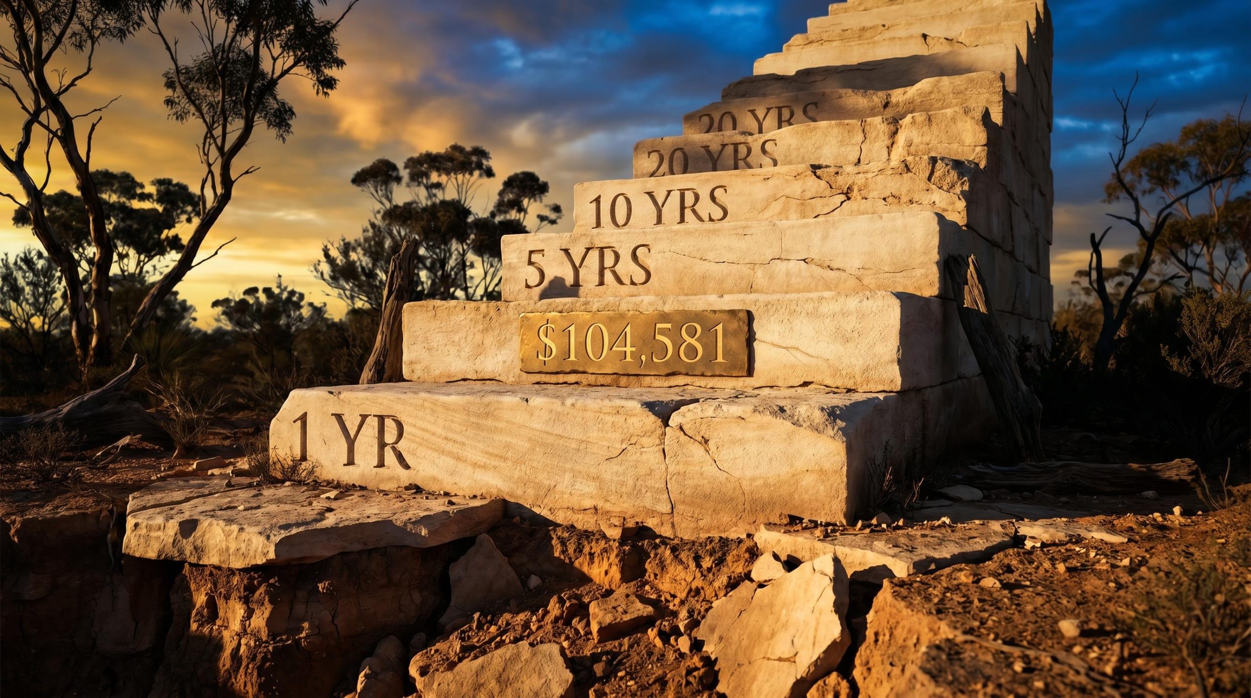 Stone staircase with carved year milestones and a cliff edge representing Australia's CGT reform discount structure