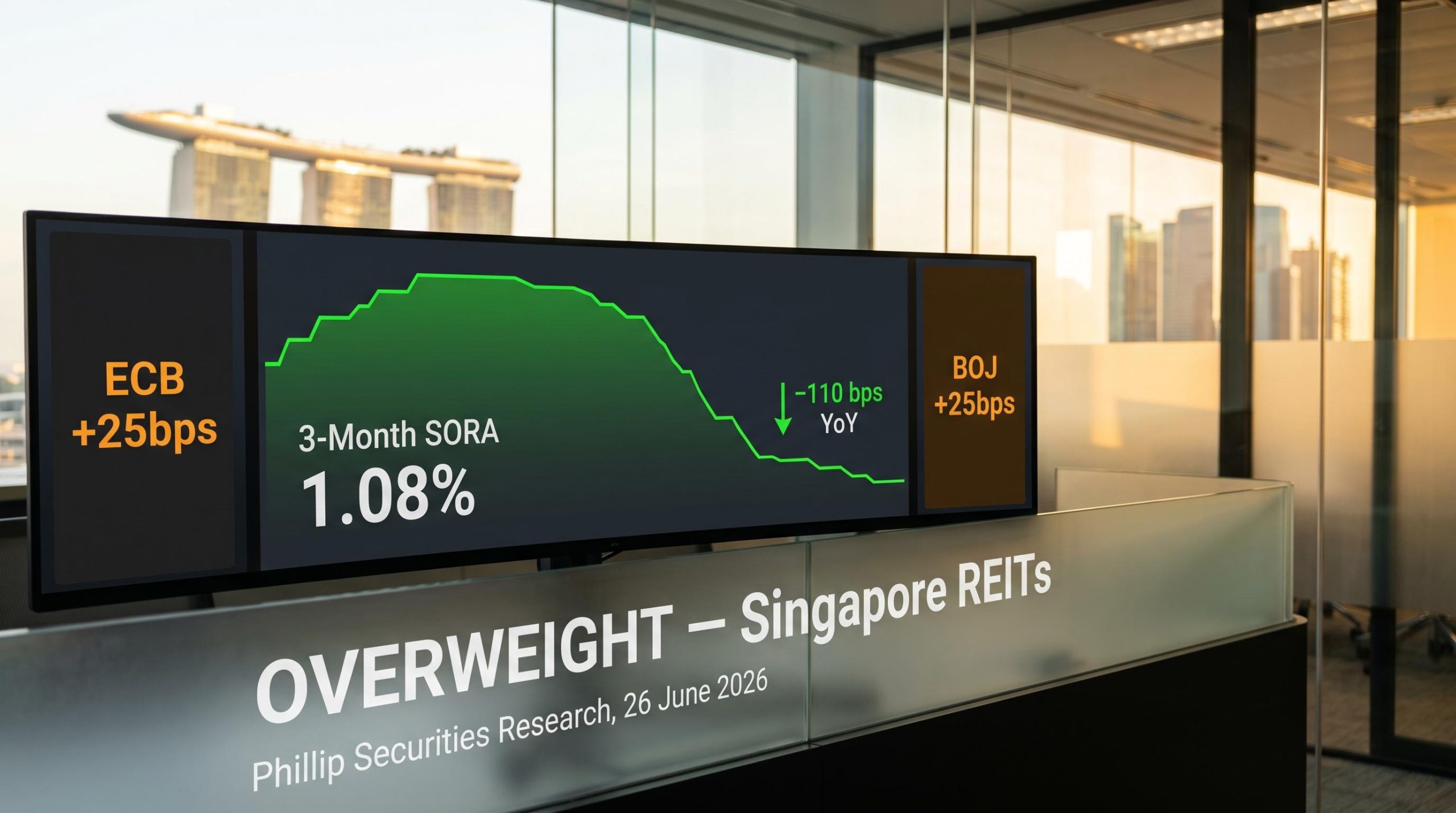 SORA rate falling 110bps against ECB and BOJ hikes, underpinning Phillip Securities S-REIT sector OVERWEIGHT call