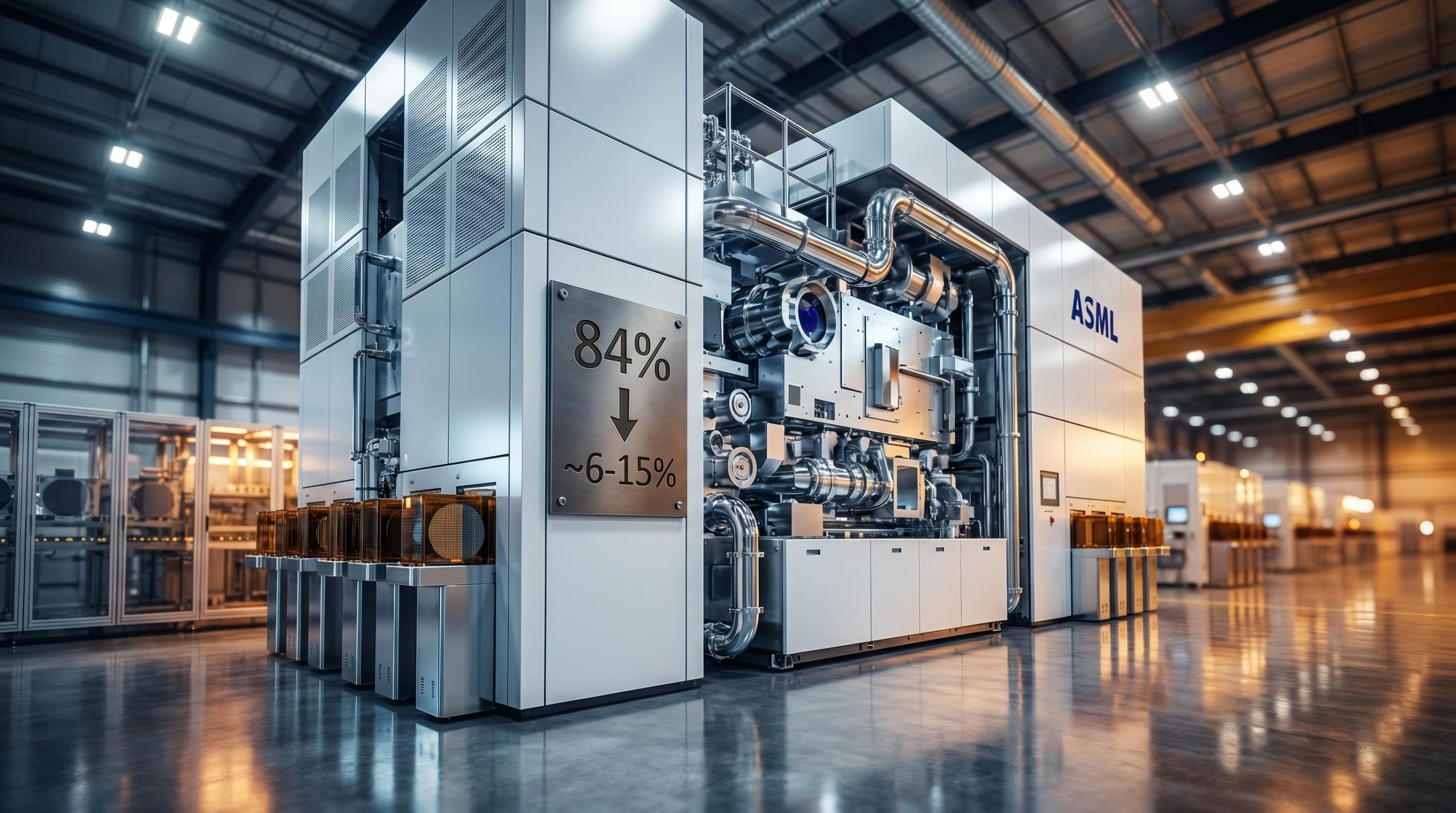 Towering ASML EUV machine in a semiconductor fab with valuation premium compression data etched on its housing