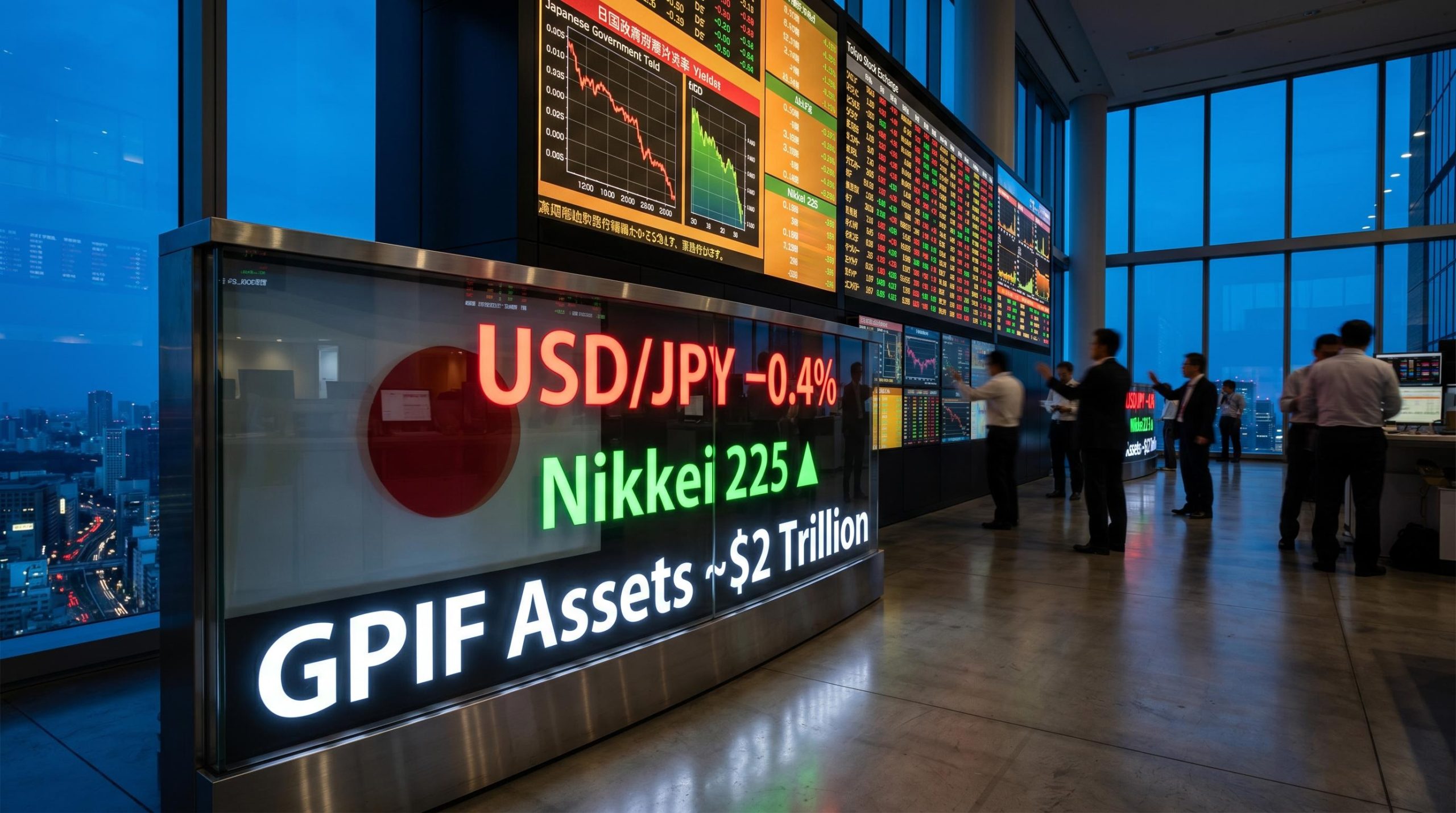 Tokyo trading floor displays GPIF $2 trillion reallocation signal as USD/JPY falls 0.4% on 10 July 2026