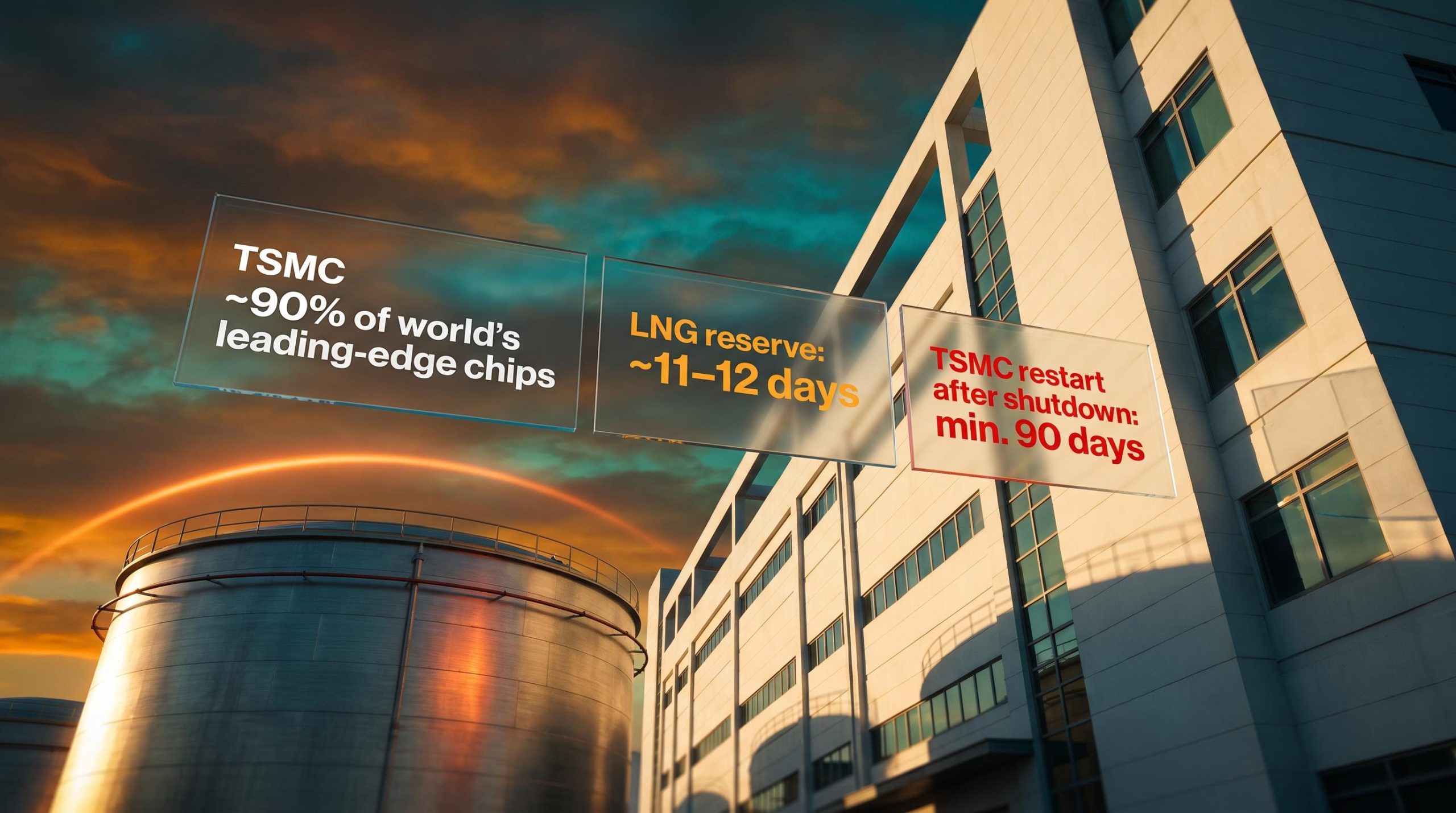 TSMC fab exterior with LNG storage tank and data panels showing 90% chip share and 11-day energy reserve