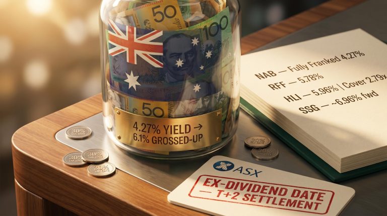 NAB franked yield grossing up to 6.1% illustrated with ASX dividend investing portfolio metrics and franking credit tokens