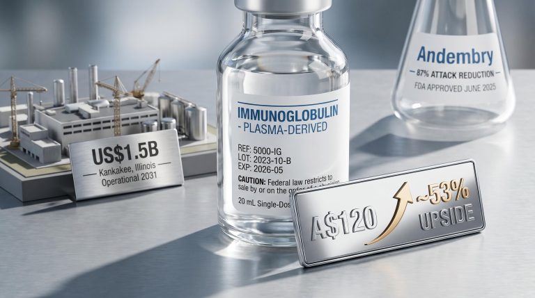 CSL plasma vial with A$120 price and 53% analyst upside etched on chrome, Andembry FDA approval and Kankakee expansion in background