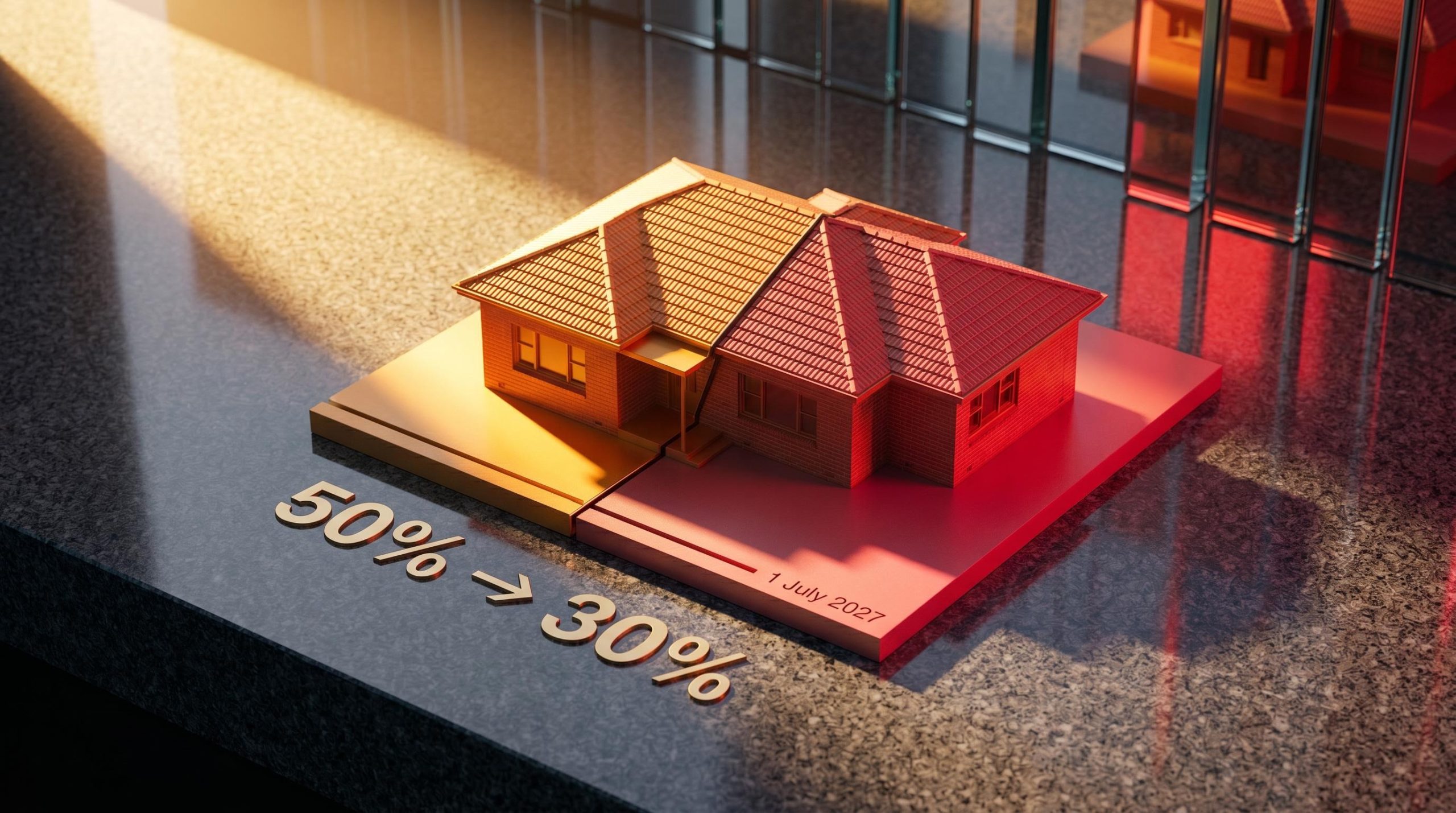 Split investment property model showing 50%→30% CGT reform divide ahead of 1 July 2027 Australian tax changes