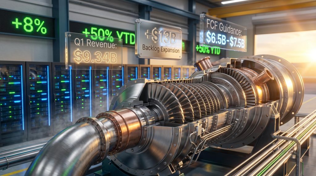 GE Vernova gas turbine with Q1 earnings data and AI data centre infrastructure showing 13B backlog expansion