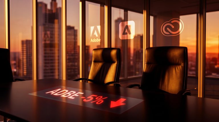 Two empty executive chairs at Adobe boardroom table with ADBE -5% displayed as shares fall on leadership exits