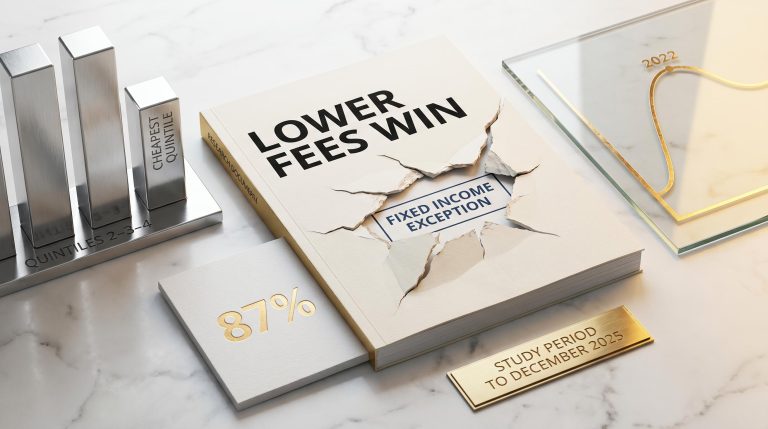 Cracked research document showing fixed income as the exception to Australia's lower-fees-win rule for active bond funds