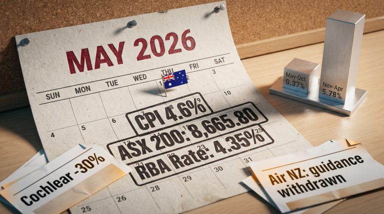 ASX 200 at 8,665.80 beside 4.6% CPI and Cochlear downgrade slips — Sell in May 2026 risk case