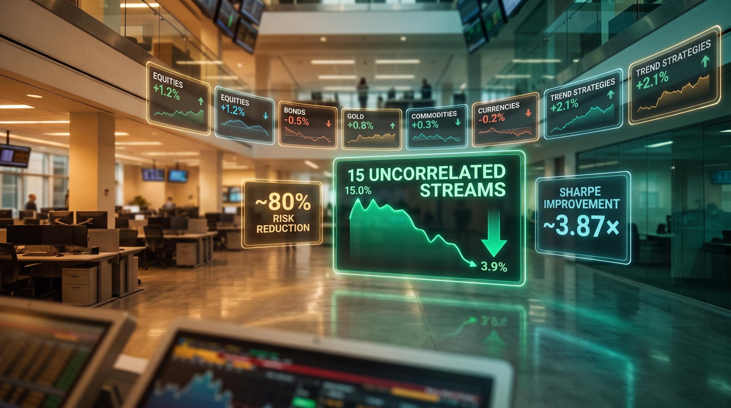 Floating 15-stream portfolio matrix showing 80% risk reduction and 3.9% volatility — Ray Dalio Holy Grail of Investing