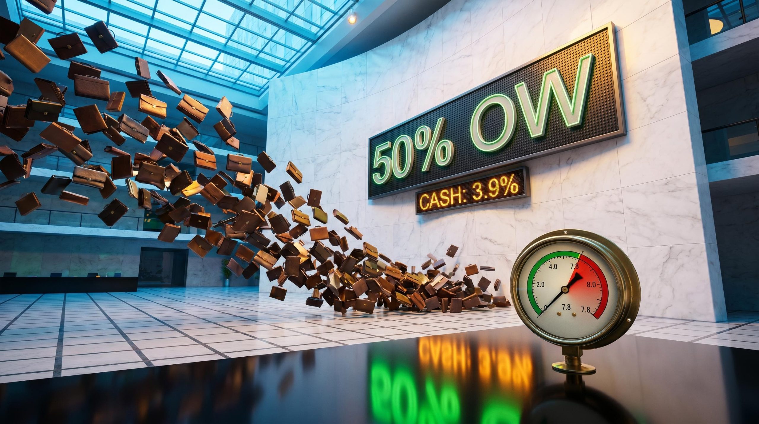 BofA Fund Manager Survey gauge at 7.8 as equity allocations hit record 50% overweight with cash below 4%