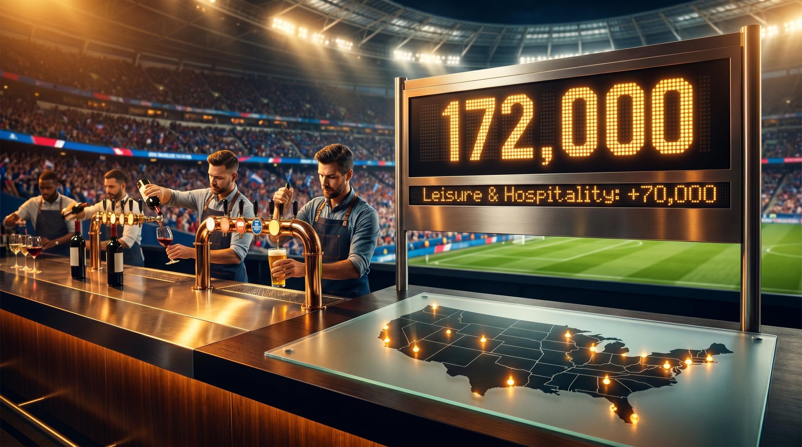 Stadium bar scene with "172,000" jobs figure and World Cup host-city map showing May 2026 jobs report distortion
