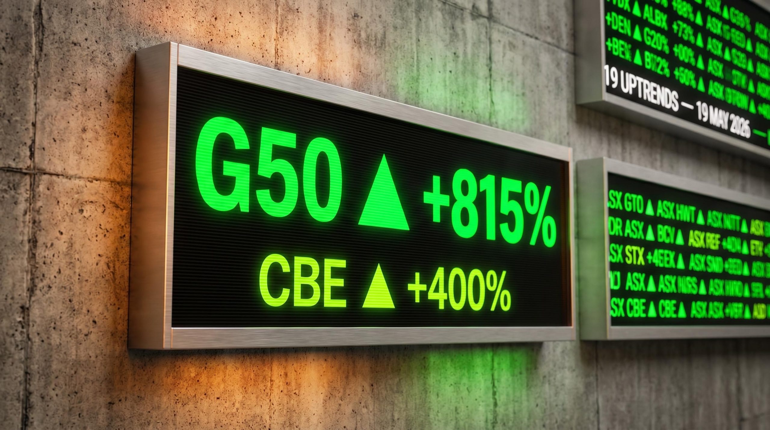 ASX signal board showing G50 Corp 815% and Cobre 400% among 19 trending ASX stocks on 19 May 2026
