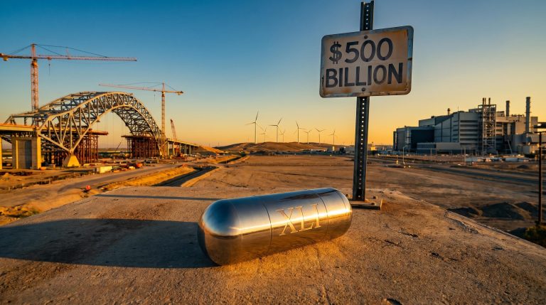 XLI steel capsule on concrete threshold overlooking US industrial landscape with $500 billion signpost at golden hour