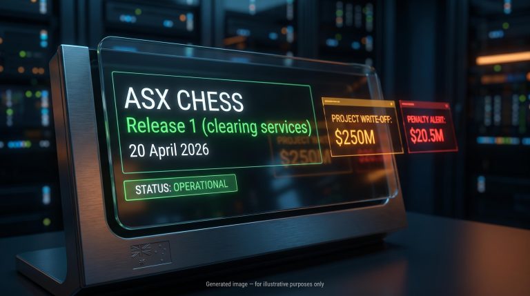 Financial clearing terminal displaying ASX CHESS replacement data, including the $250 million write-off and go-live date.