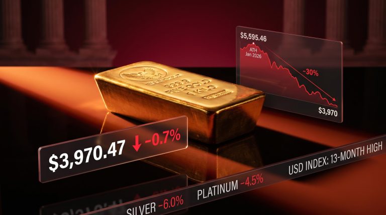 Gold bar with $3,970.47 price display and –30% decline chart from January 2026 all-time high of $5,595.46