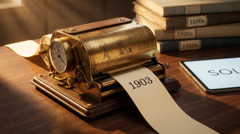 SOL stock analysis: brass dividend machine stamped "1903" representing Washington H. Soul Pattinson's 123-year unbroken dividend record